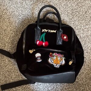 Betsey Johnson Black Velvet Backpack with Embroidery